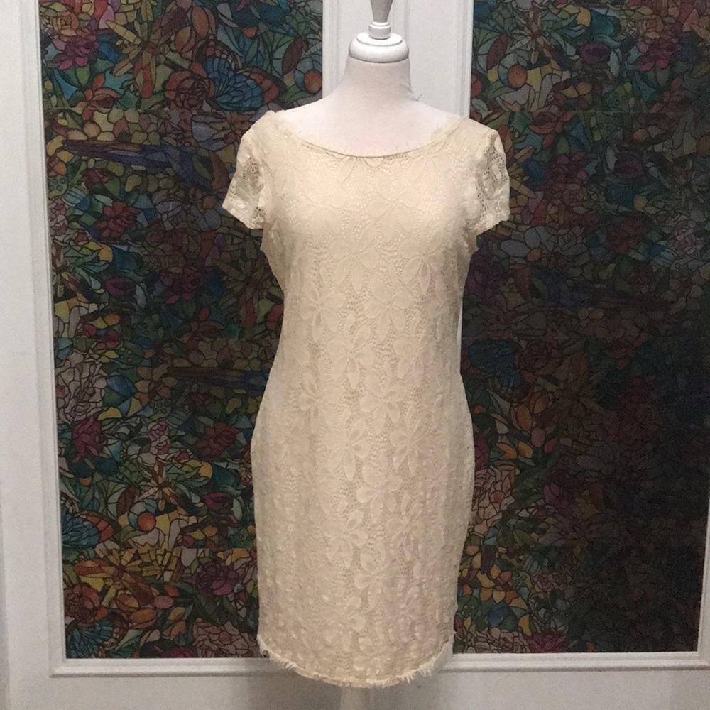 Bodcon lace dress size large beige